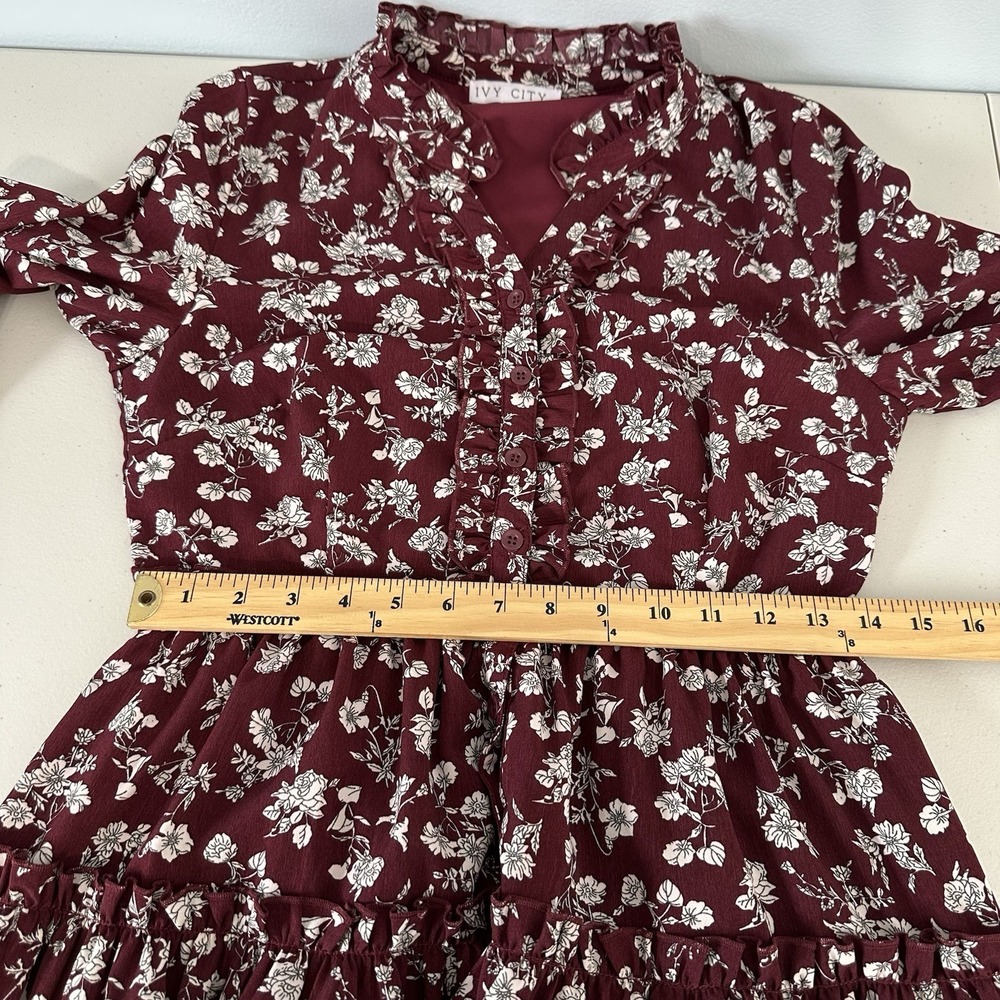 Ivy City Co Lisbeth Dress Small Floral Long Sleeve Ruffle Burgundy Boho - Picture 7 of 9